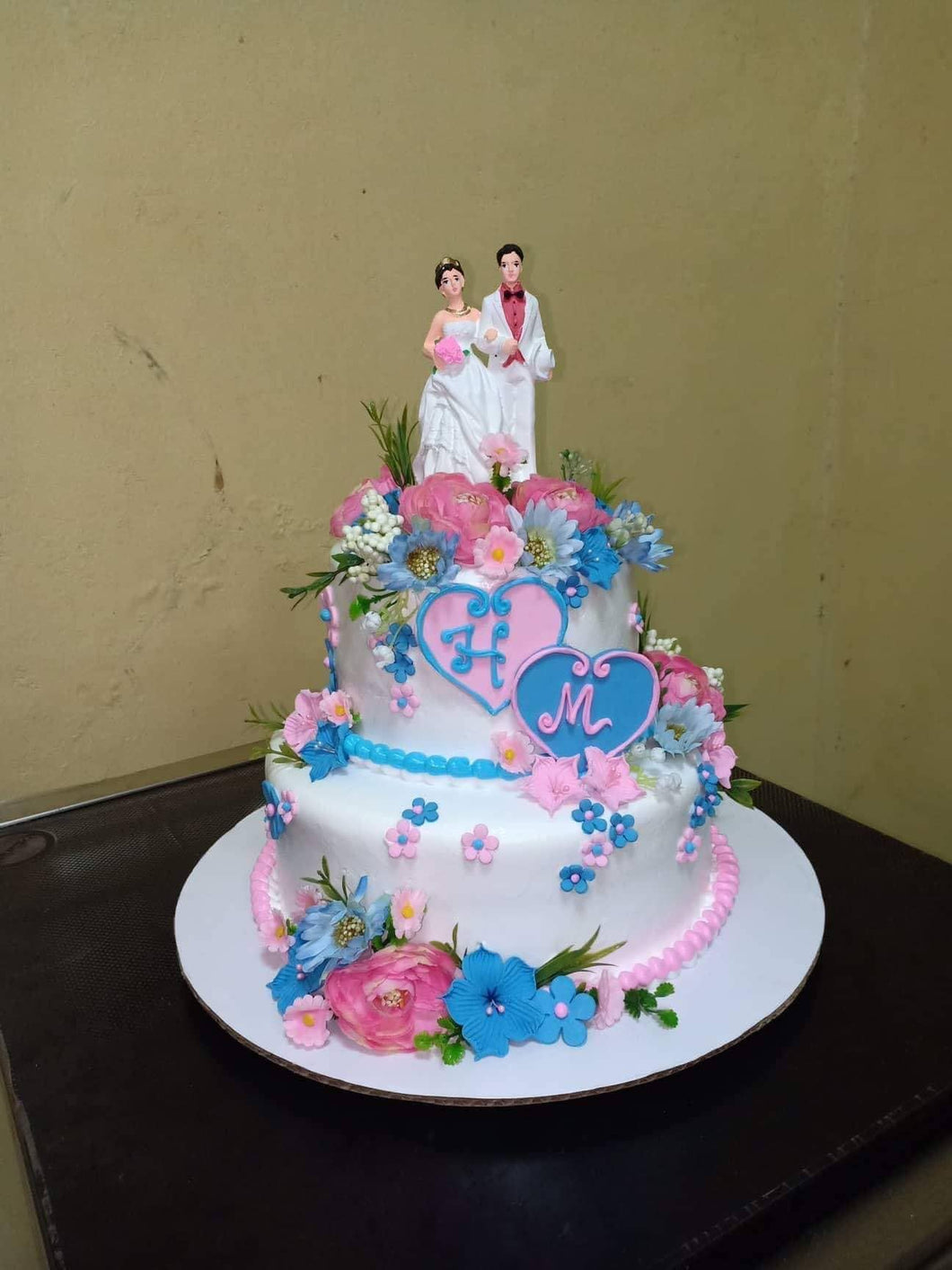 Two Layer Blue & Pink Wedding Cake
