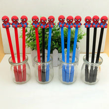 Load image into Gallery viewer, Red, Black and Blue Spider Man Themed Gel Pen Placed inside Glass Cup