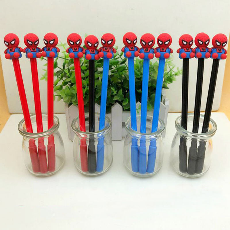 Red, Black and Blue Spider Man Themed Gel Pen Placed inside Glass Cup